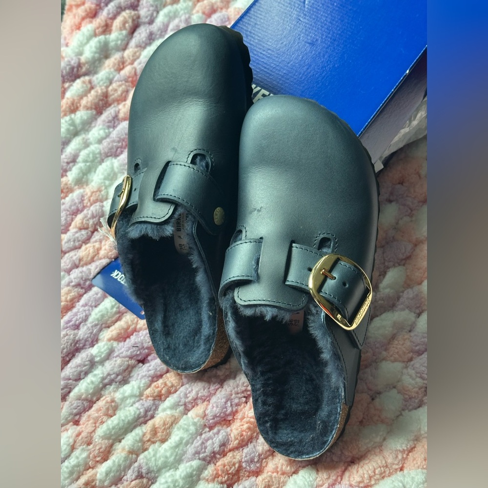Birkenstock Blue Leather Clog with Gold Buckle -